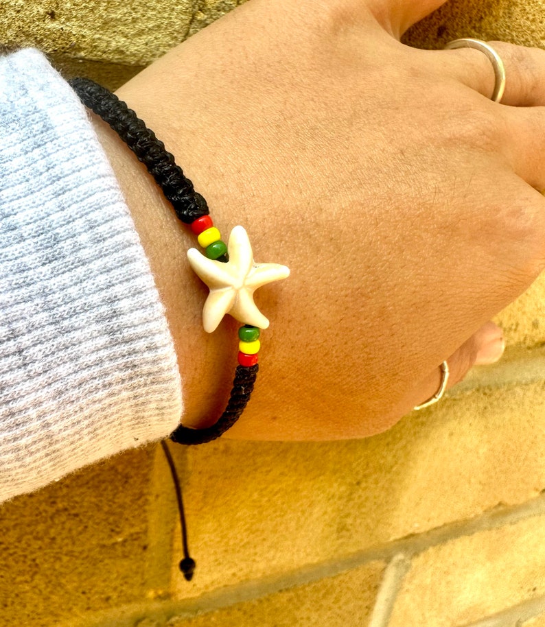 Starfish bracelet-Reggae bracelet-Black string bracelet-Stone star fish bracelet-Bracelet for men-Rastaman-Rastafarian-Handmade-Rasta-Uk image 6