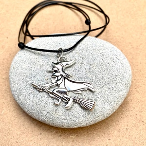 Witch necklace-Sorceress riding a broom-Flying witch necklace-Witchcraft pendant-Halloween gift-Witch jewellery-Witch on Broom-Wicca Pagan