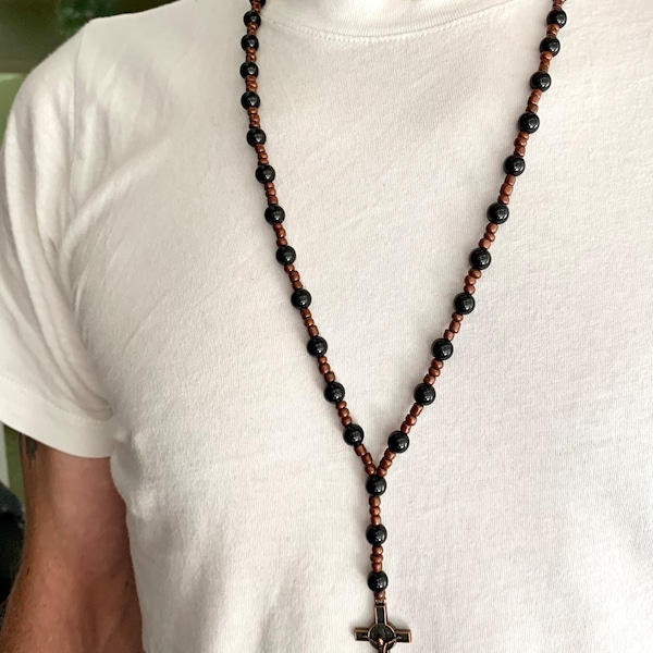 Rosary necklace-Handmade necklace-Mens necklace-Cross necklace-Beaded necklace-Antique bronze cross-Prayer rosary