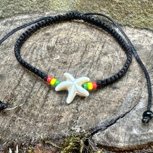 Starfish bracelet-Reggae bracelet-Black string bracelet-Stone star fish bracelet-Bracelet for men-Rastaman-Rastafarian-Handmade-Rasta-Uk image 4