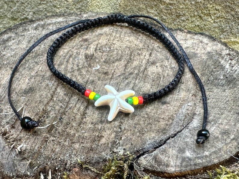 Starfish bracelet-Reggae bracelet-Black string bracelet-Stone star fish bracelet-Bracelet for men-Rastaman-Rastafarian-Handmade-Rasta-Uk image 4