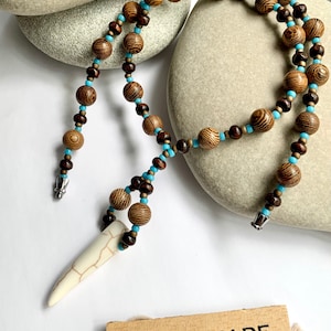 Beaded necklace-Mens necklace-Surfer necklace-Howlite tooth pendant-Gemstone necklace-Tiger tooth necklace-wooden necklace-Handmade necklace