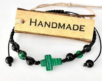 Cross bracelet-Malachite cross bracelet-Malachite cross charm-Handmade bracelet-Beaded bracelet-Handwoven bracelet-Men’s bracelet-Cross