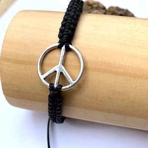 Peace sign symbol-Peace sign bracelet-Black bracelet-Mens bracelet-Woven knotted bracelet-Black string-Made in Uk-Black wristband