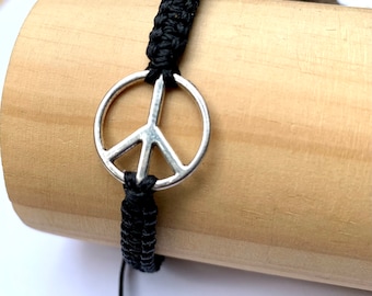 Peace Zeichen Symbol-Peace Zeichen Armband-Schwarz Armband-Herren Armband-Gewebte geknotete Armband-Schwarze Schnur-Made in Uk-Schwarz Armband