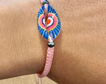 Bransoletka z muszli porcelanowej Evil Eye, malowana ręcznie, różowy sznurek, biżuteria plażowa