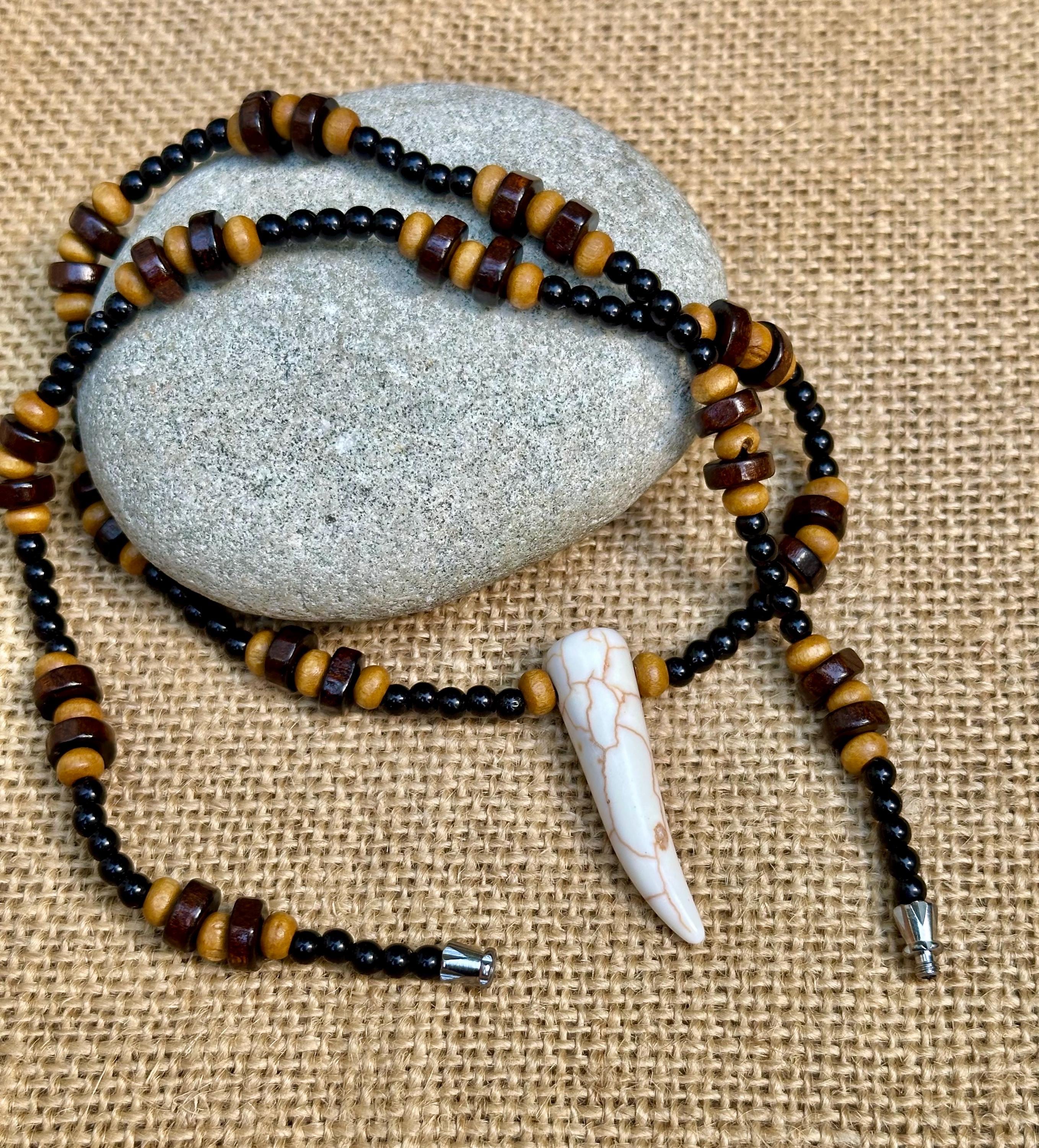 BIO wear ネックレス PADLOCK BEADS NECKLACE Wooden Bead Necklace With Howlite Tiger Tooth Pendant - Etsy
