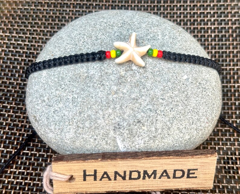 Starfish bracelet-Reggae bracelet-Black string bracelet-Stone star fish bracelet-Bracelet for men-Rastaman-Rastafarian-Handmade-Rasta-Uk image 3