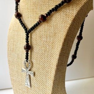 Cross Necklace-Rosary Necklace-Wooden and Glass beads Necklace Ankh Cross Necklace-Beaded necklace-Men’s necklace