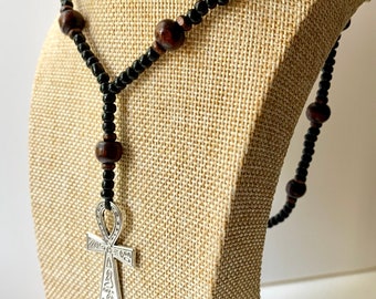 Cross Necklace-Rosary Necklace-Wooden and Glass beads Necklace Ankh Cross Necklace-Beaded necklace-Men’s necklace