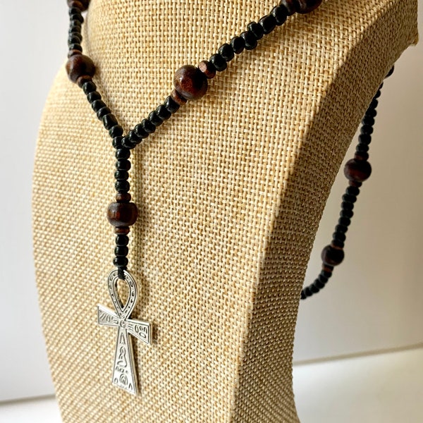 Collier de croix-Collier de chapelet-Collier de perles en bois et en verre Collier de croix d'Ankh-Collier de perles-Collier pour hommes