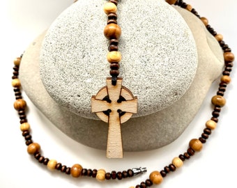 Celtic Cross Necklace-Wooden necklace-Cross Necklace- Rosary Necklace-Wooden beaded necklace- Wooden Cross Necklace -Handmade necklace-Men’s