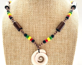 Seashell Necklace- Wooden necklace-Reggae necklace-Rastafarian colours-Handmade necklace-Beaded Necklace-Unisex Necklace-Reggae vibes