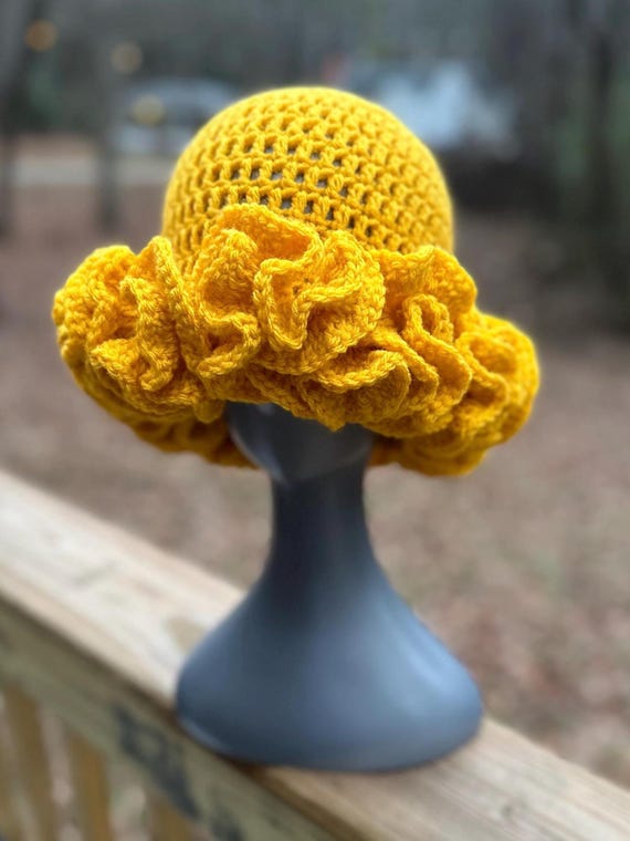 Handmade Crochet Ruffle Bucket Hat - Mustard Yellow - Etsy display picture 2