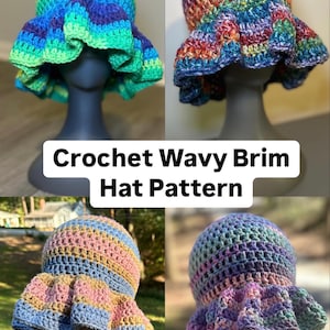 May include: Four crocheted hats with wavy brims in different color combinations. The hats are displayed on mannequins. The text "Crochet Wavy Brim Hat Pattern" is displayed below the hats.