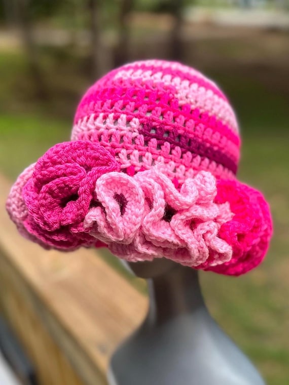 Handmade Crochet Ruffle Bucket Hat - Scrappy Pink - Etsy display picture 1