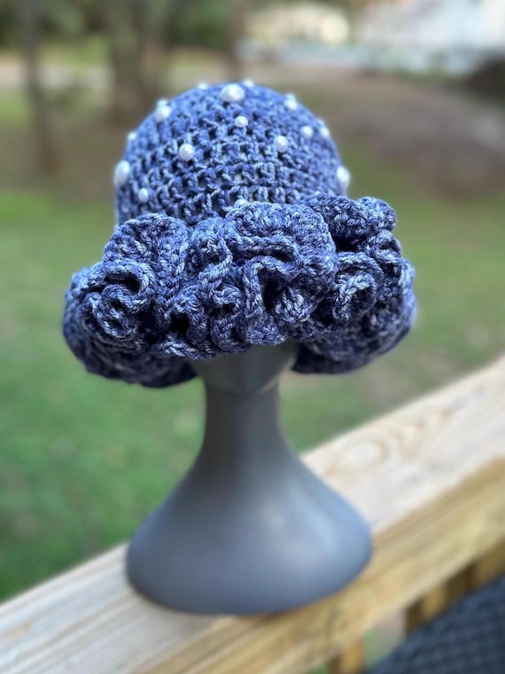 Handmade Crochet Ruffle Bucket Hat: Denim Blue With Pearls  display picture 2