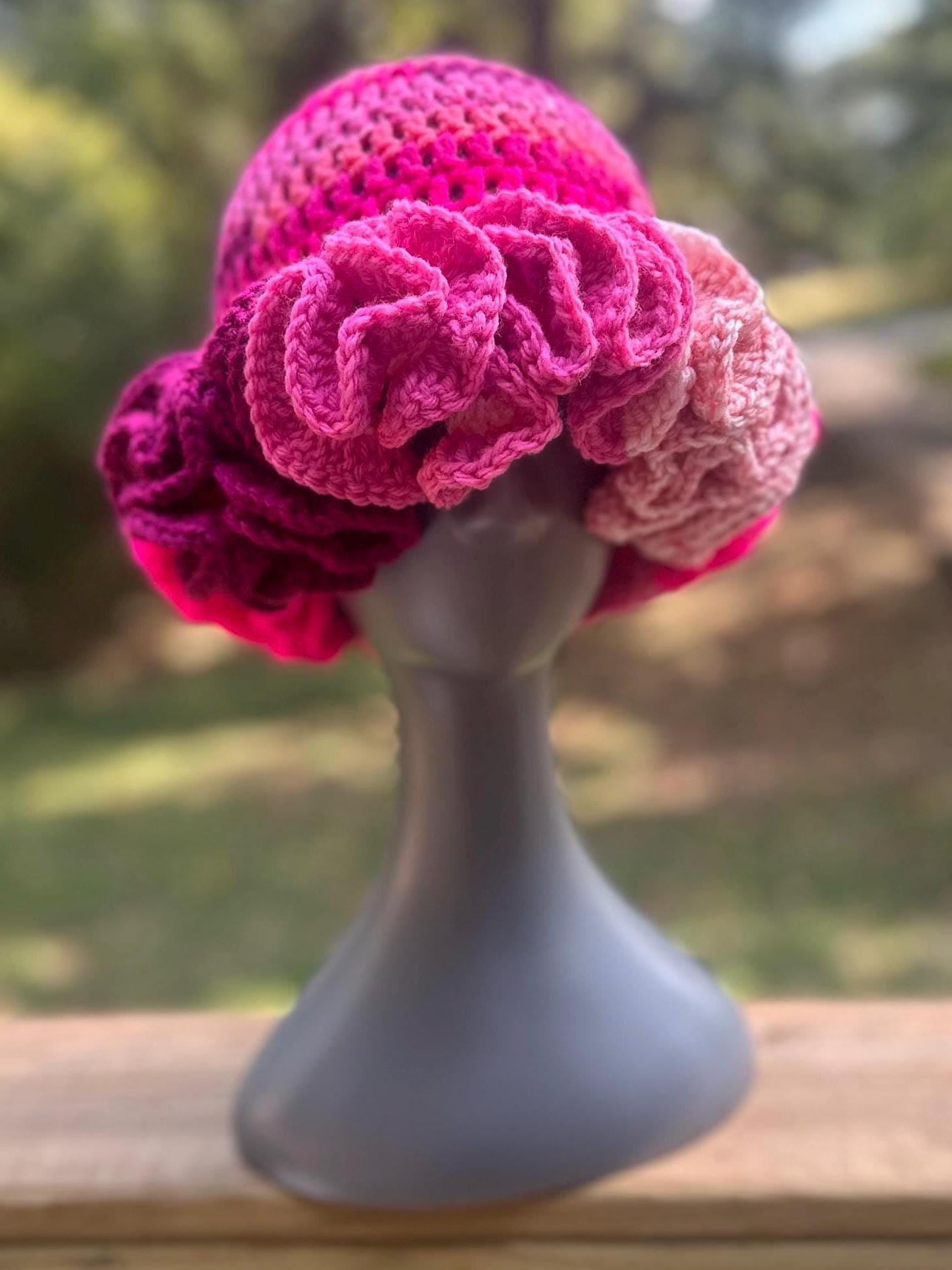 Handmade Crochet Ruffle Bucket Hat - Scrappy Pink - Etsy display picture 3
