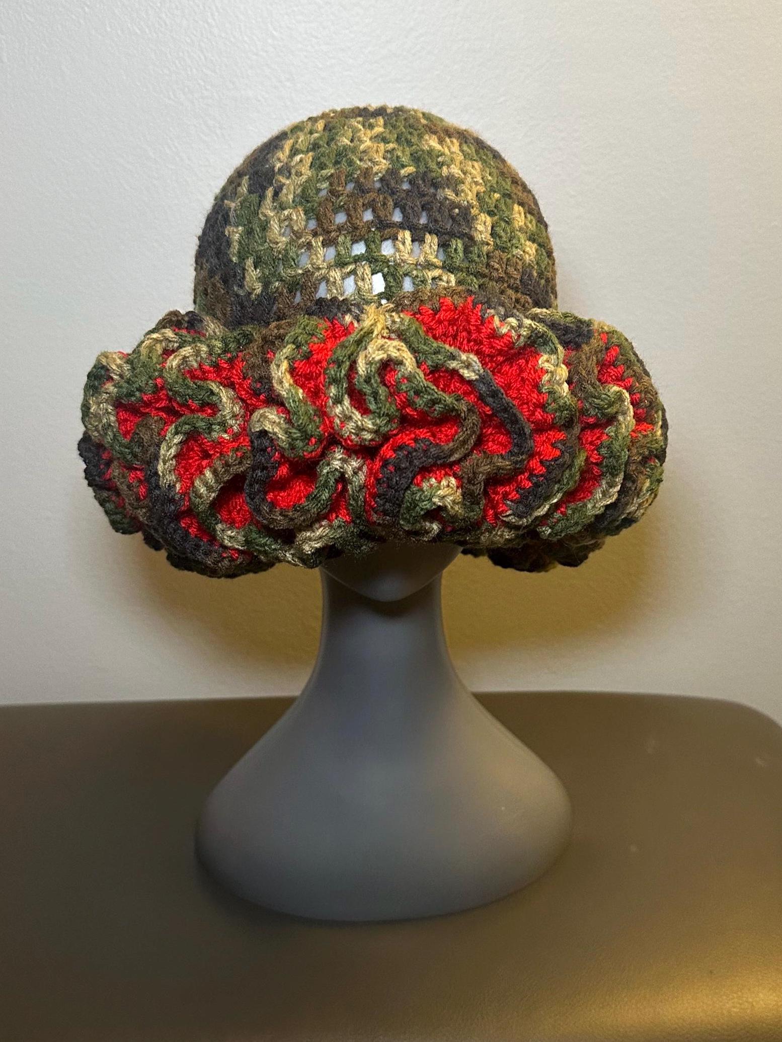 Handmade Crochet Ruffle Bucket Hat: Camo & Red - Etsy display picture 1