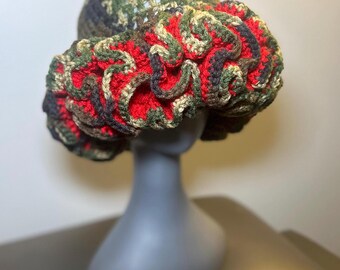 Handmade Crochet Ruffle Bucket Hat: Camo & Red - Etsy display picture 1