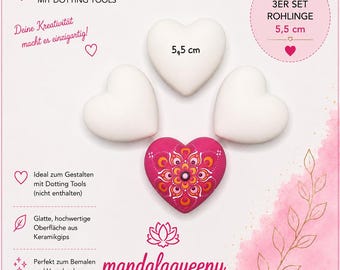Stein Rohling Herz 3er Set 5,5 cm, Mandala Steine bemalen, Dot Painting, Mandala Punktmalerei, aus hochwertigem schweren Gips handgefertigt
