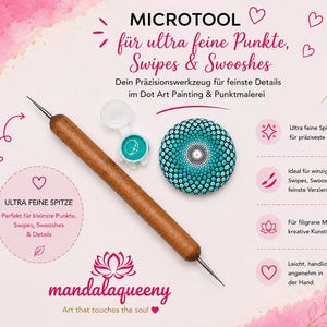 Könnte beinhalten: Ein braunes Holz-Punktierwerkzeug mit Metallspitze, ein kleiner offener Behälter mit türkiser Farbe und ein runder Stein mit einem türkisen und schwarzen Punkt-Mandala-Muster. Das Bild enthält Text: MICROTOOL, mandalaqueeny und weitere.