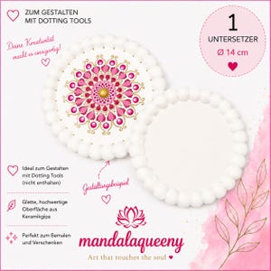 Könnte beinhalten: Zwei runde Untersetzer aus weißem Keramikgips mit Perlenrand, jeweils 14 cm im Durchmesser. Ein Untersetzer ist mit einem detaillierten Mandala-Punktmuster in Pink und Gold verziert, der andere ist schlicht weiß und bereit zur individuellen Gestaltung.