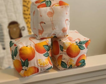 Quiet Sensory Blocks - Citrus Flamingo (Set of 3) - Soft, Engaging Cloth Blocks for Babies, Infants, and Toddlers to feel, see, and squish.