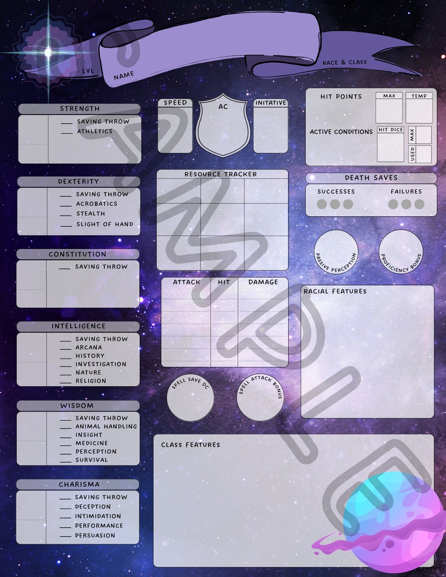 Dnd 5e Character Sheets Space Form Fillable - Etsy