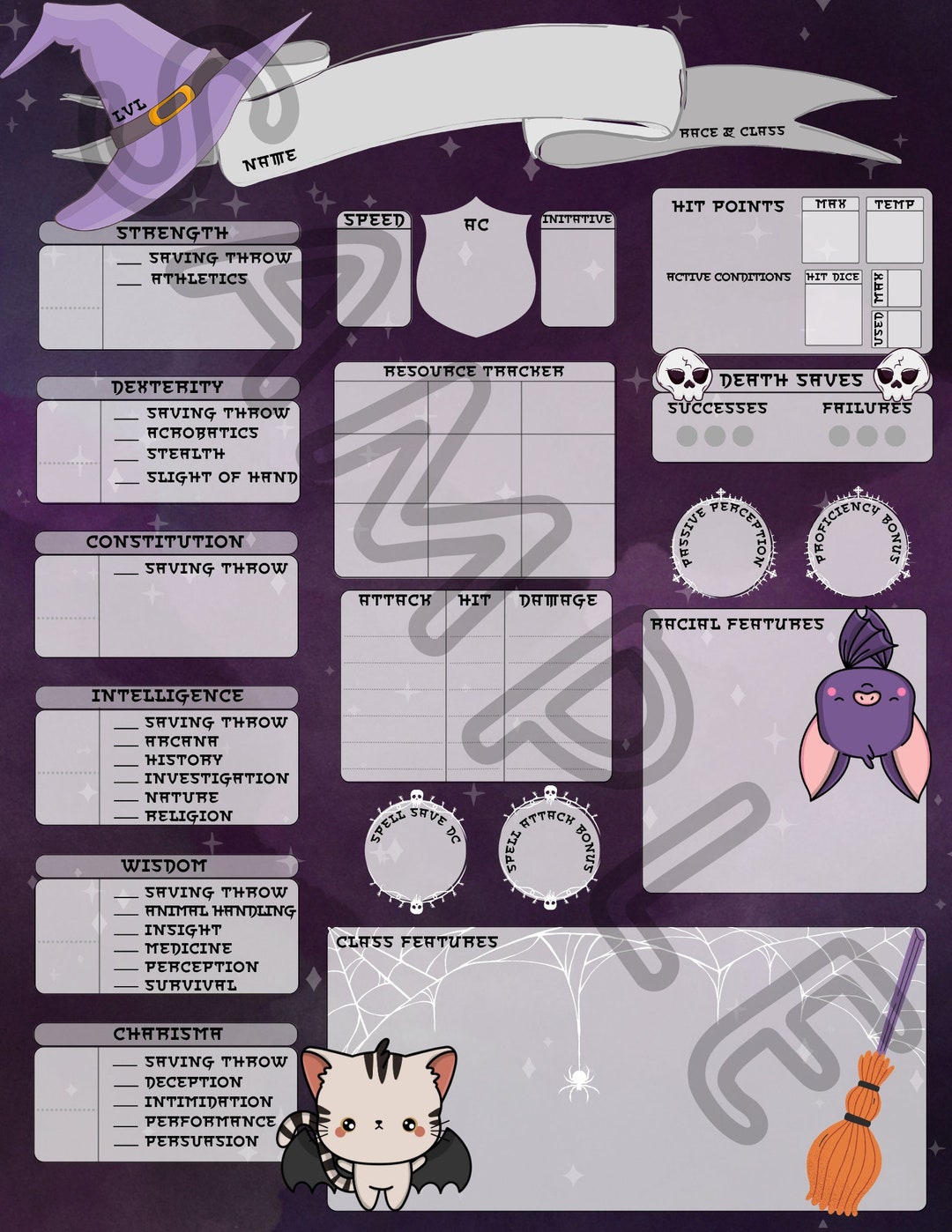 Dnd 5e Character Sheet Bat & Cat Form Fillable Etsy
