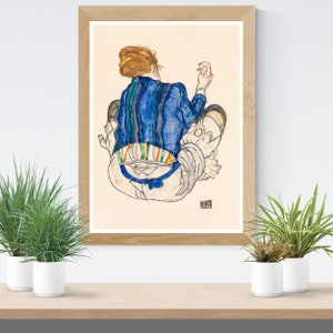 Seated Woman, Back View  painting by Egon Schiele , vintage print, wall art décor, famous paintings, art nouveau, expressionism, sensual