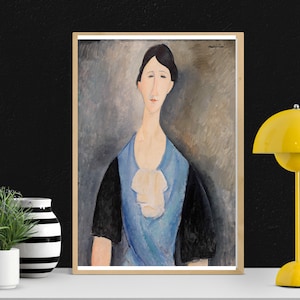 Young Woman in Blue painting  by Amedeo Modigliani, Art Print, Wall Art, Art Gifts, Oil Painting Prints, Art Deco, Wall Deco, artwork
