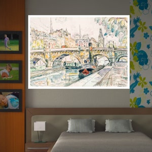 Tugboat at the Pont Neuf, Paris, by Paul Signac, Watercolor sketches, Pointillism, Neo-impressionism, Wall decor, Fine art, Classic Art, Art