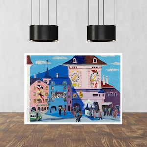 Bern with Belltower print by Ernst Ludwig Kirchner, Art Print, Wall Art, German Expressionism, Woodblock  print, Art Gift, Painting Prints,