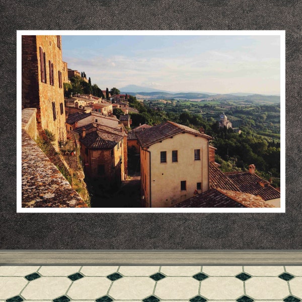 Vecchi edifici a Montepulciano, Italia, Stampa d'arte, Arte murale famosa, Luoghi famosi, Ricordi estivi, Decorazioni d'arte della parete, Carta stampa postale