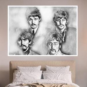 The Beatles Sketch Print: John Lennon, Paul McCartney, George Harrison, Ringo Starr (Richard Starkey)