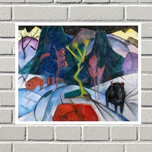 Bison in winter (red bison) painting, Franz Marc,Famous Paintings,Art Gifts, Painting Prints,Expressionism artworks,futuristic cubist styles