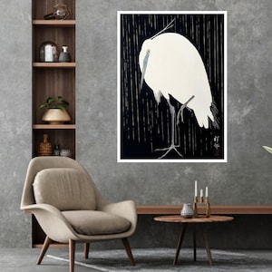 Egret in the rain painting by Ohara Koson, Japanese print, Art Print, Art, Famous Paintings, Wall Art Gift, Painting Prints, Japanese art