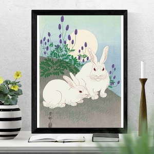 Kaninchen bei Vollmond Gemälde von Ohara Koson, japanischer Druck, Kunstdruck, Kunst, berühmte Gemälde, Kunst Geschenk, Malerei Drucke, japanische Kunst