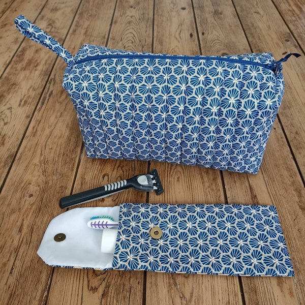 Trousse de toilette motifs bleus / Doublure tissu imperméable / Étui brosse à dents/dentifrice en option