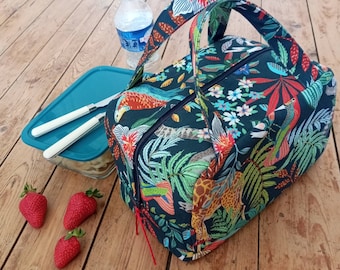 Lunch bag / sac déjeuner isotherme "Tropiques" avec ou sans poche zippée / Étui à couverts en option