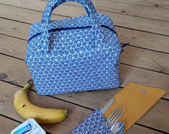 Lunch bag / sac déjeuner isotherme motifs géométriques bleus avec ou sans poche zippée / Étui à couverts en option