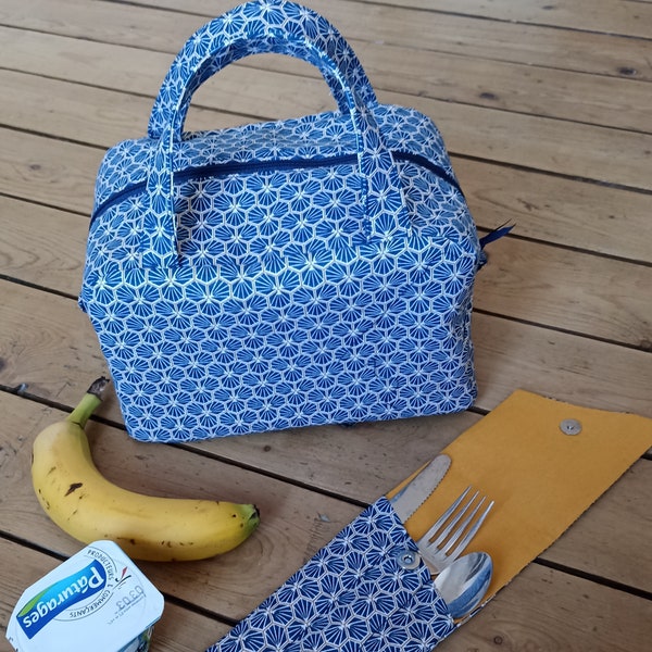 Lunch bag / sac déjeuner isotherme motifs géométriques bleus avec ou sans poche zippée / Étui à couverts en option