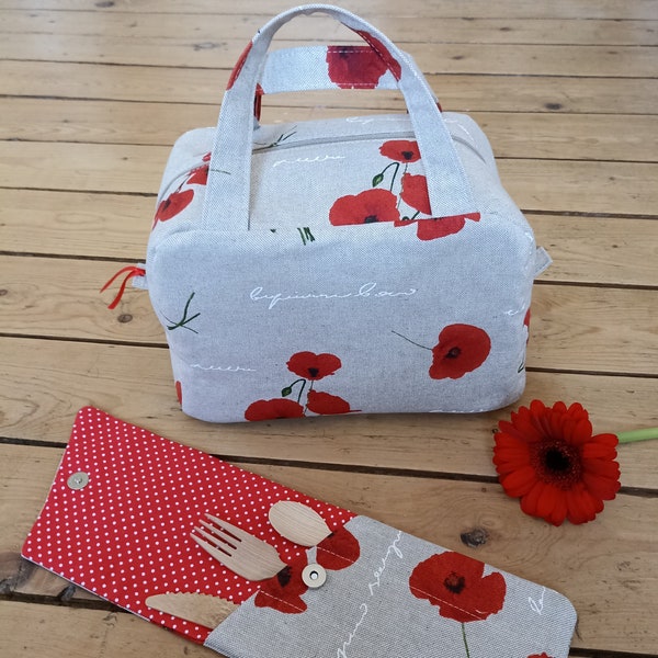 Lunch bag / insulated lunch bag "Poppies" / Optional cutlery case