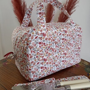 Lunch bag / insulated lunch bag "Terra cotta flowers" with or without exterior zipped pocket / Cutlery case optional