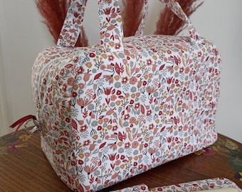 Lunch bag / sac déjeuner isotherme "Fleurs terra cotta" avec ou sans poche extérieure zippée / Étui à couverts en option