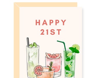Happy 21st Birthday Greeting Card - Happy Birthday - Aesthetic Drinks Birthday Card - 21st Birthday Greeting Card - Bottoms Up Greeting Card