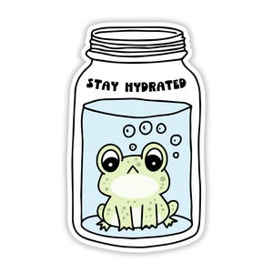 May include: A white sticker with a cartoon illustration of a green frog inside a glass jar with blue water. The jar has a black lid and the text "STAY HYDRATED" on the front.