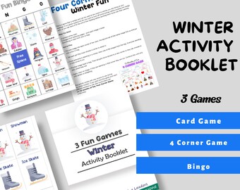 Winter Bingo, Card and 4 Corner Game Activity Booklet, Printable booklet, printable for kids, Winter theme, Winter games