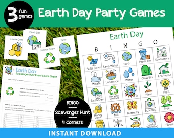 3 Earth Day Party Games, Earth Day Bingo, Earth Day Scavenger Hunt, Four Corner Game, Printable Earth Day Ideas, Instant Download